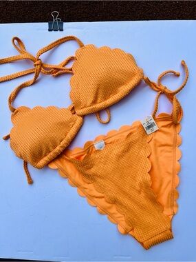 Aerie Cheeky Scalloped Orange Textured Bikini Set NEW